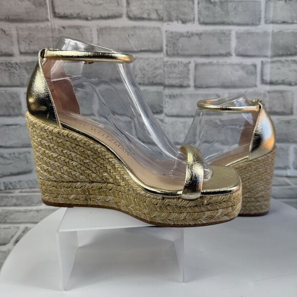 Stuart Weitzman Nudist Women Size 8 C Gold Metallic Wedge Espadrille Sandals - Picture 3 of 13